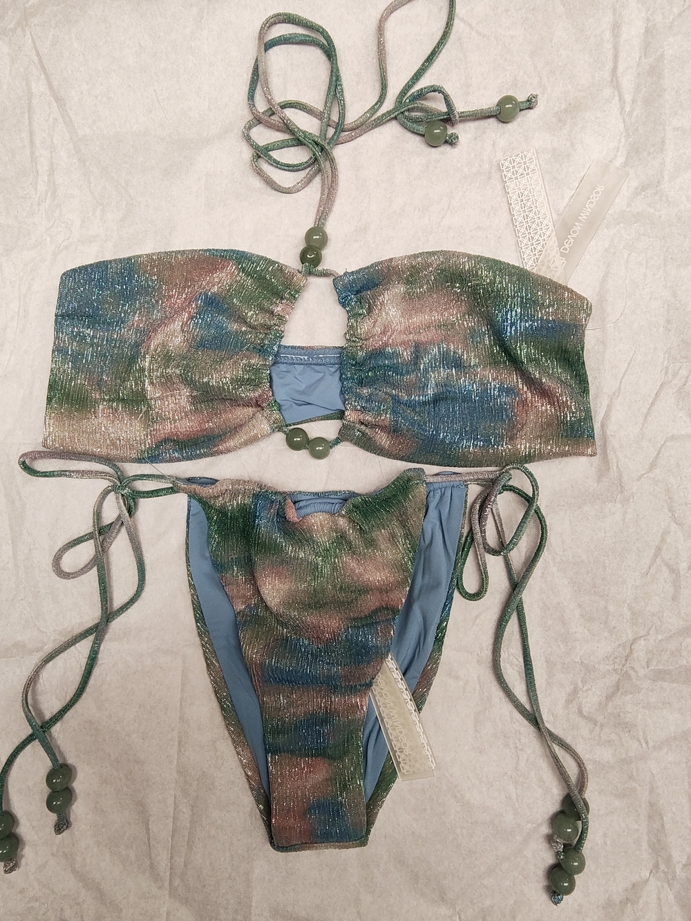 DEVON WINDSOR Blue and Green Watercolor Willow Shimmer Bikini Set NWT Small
